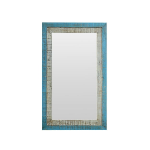 Handmade Hand Carved Mid Century Modern Mirror | Distressed Blue Decorative Wall Mirror | Farmhouse Style 45 Inch Tall Entryway Mirror