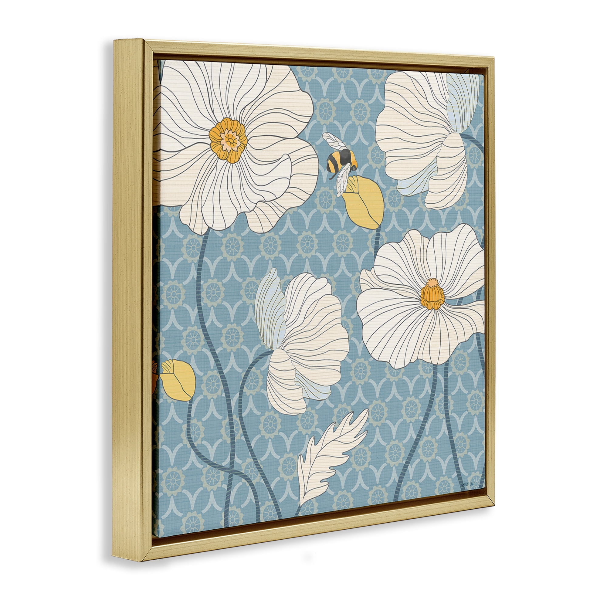 Stupell Industries Wild Poppies & Bee Botanical & Floral Painting Gold Floater Framed Canvas Art Print Wall Art, 18 x 18