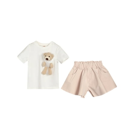 

Canrulo Toddler Baby Girls Outfits Summer 3D Bear Doll Decoration T-Shirt Solid Shorts Pants Set White 2-3 Years