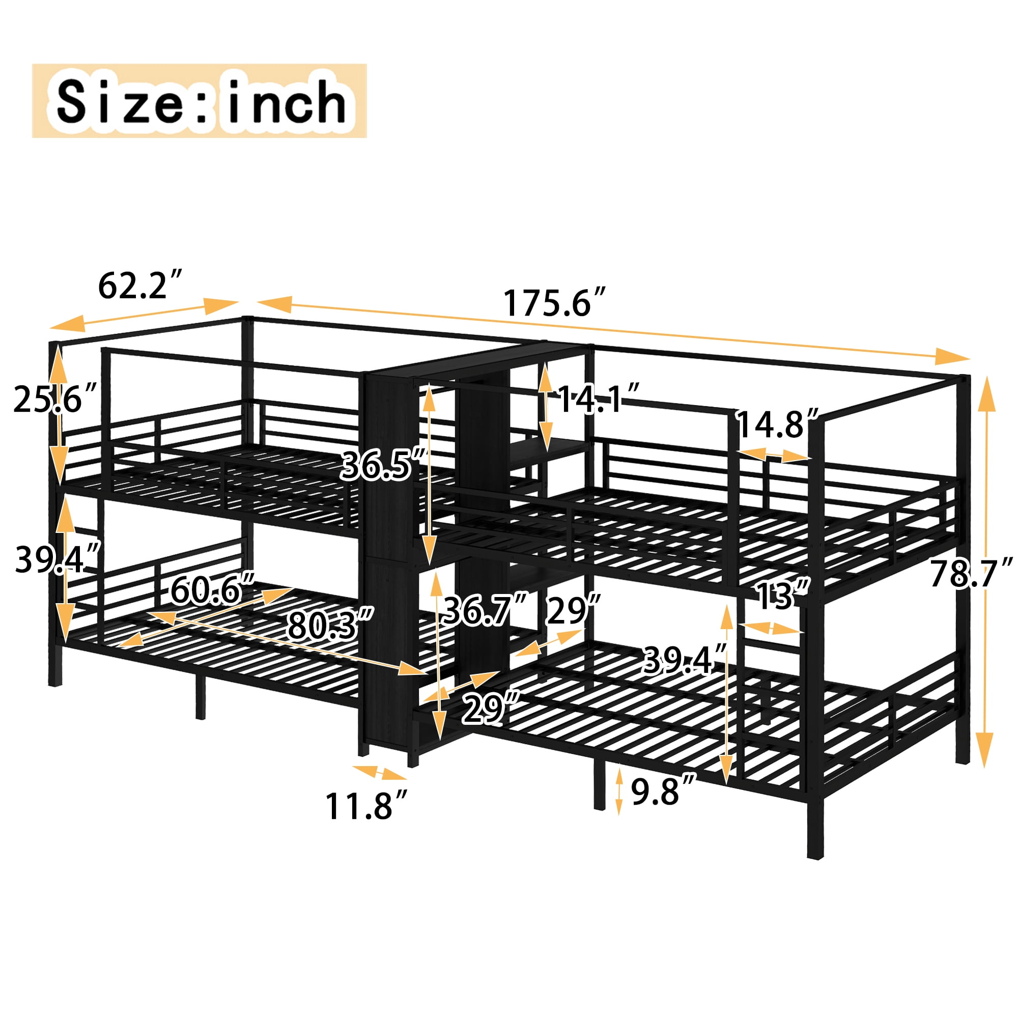 Queen Size Quadruple Metal Bunk Bed,Quadruple Bunk Bed with Built-in Storage Shelves & Wardrobe,Noise-reduced Design,Black