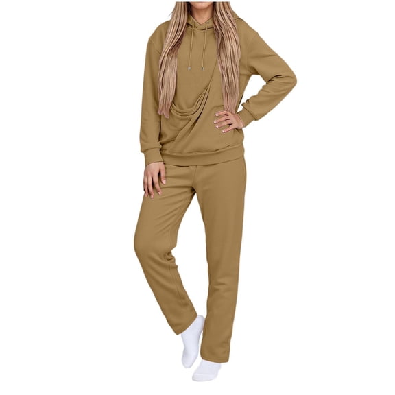 Rotm Fashion Clothing Hoodie and Sweatpants Set Long Sleeve Hooded Sweatshirt with Pockets Elastic Waist Pants Tracksuit for Women Khaki,L