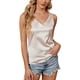 thumbnail image 1 of Women Summer Double V-Neck Satin Camisole Blouses Shirts Solid Color Sleeveless Casual Loose Fit Basic Tank Top Vest Claret, 1 of 5