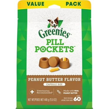 Pill Pockets for Dogs Capsule Size Natural Soft Dog Treats with Real Peanut Butter, 15.8 oz. Pack (60 Treats)
