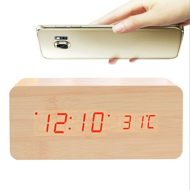 Multifuncional Madera Digital Led Escritorio Reloj Despertador Termómetro Cargador Inalámbrico Minnieouse HA024327-02