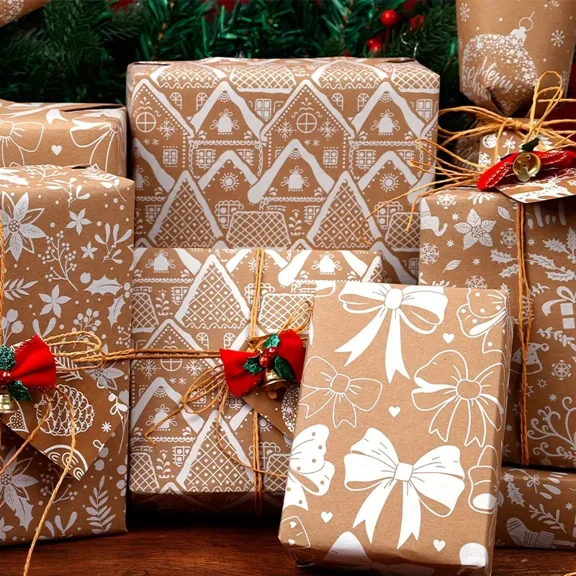 Large Roll Vintage Brown & Christmas Gift Wrapping Paper - Extra Long 43x300cm/16.92x118.11in, Elegant Beige & Brown Tapered Wrapping Paper with Ruffled Edges, Wedding Decorations