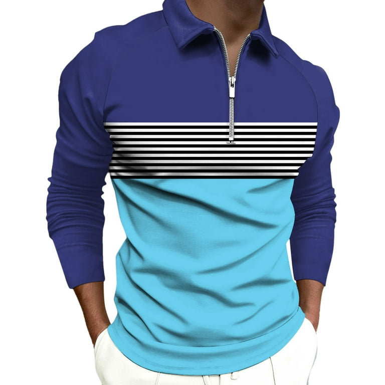 KaLI_store Long Sleeve Polo Shirts for Men Mens Polo Shirts Long Sleeve V  Neck Slim Fit Contrast Color Collar Casual Golf Shirts Sky Blue,M 