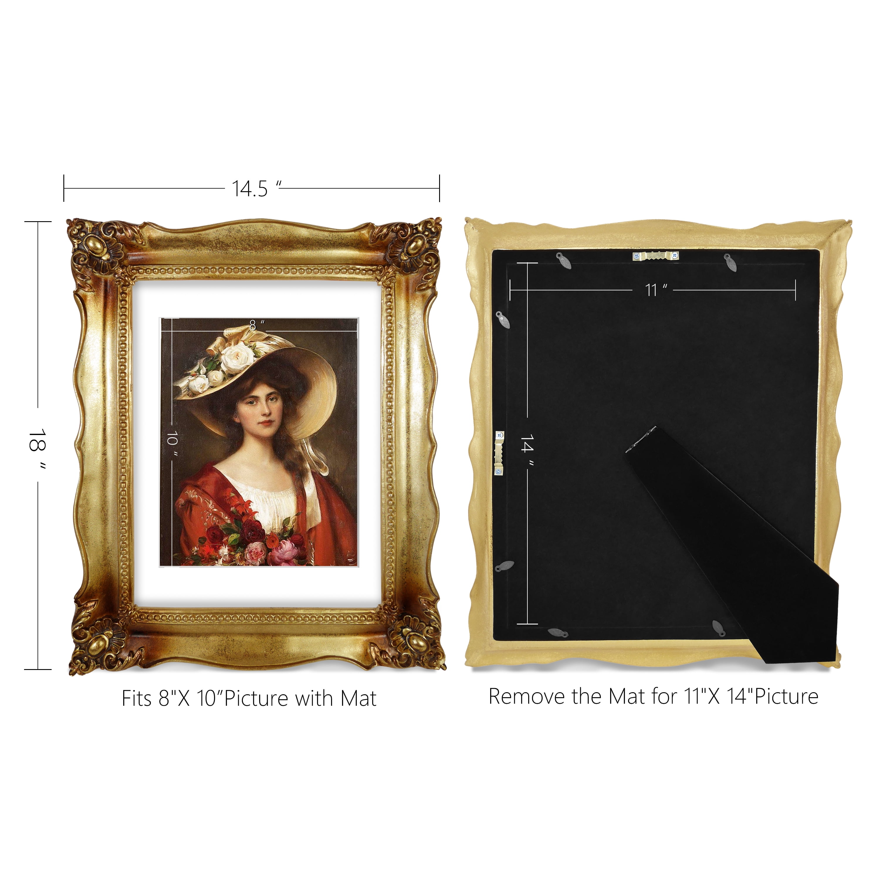 SIMON'S SHOP 11x14 Picture Frame Matted to 8x10, Vintage 11x14 Photo Frame with Mat, Gold Gallery Wall Poster Frames