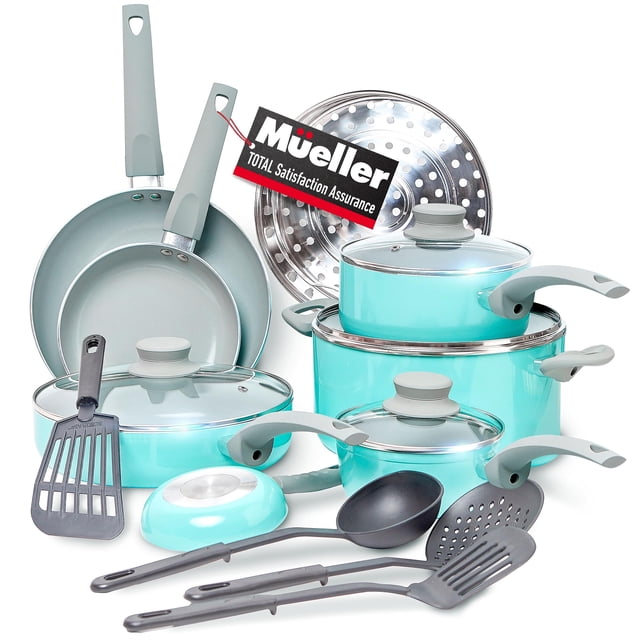 Batería de cocina antiadherente Mueller de 16 piezas con vaporera y tapas de vidrio, color turquesa
