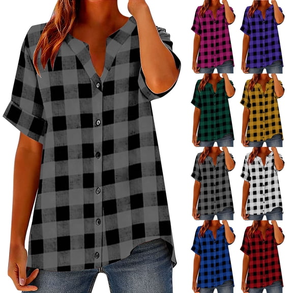Women's Plaid Short Sleeve Button Down Shirt Casual Summer Blouses Loose Fit Tops Spring Summer Yellow