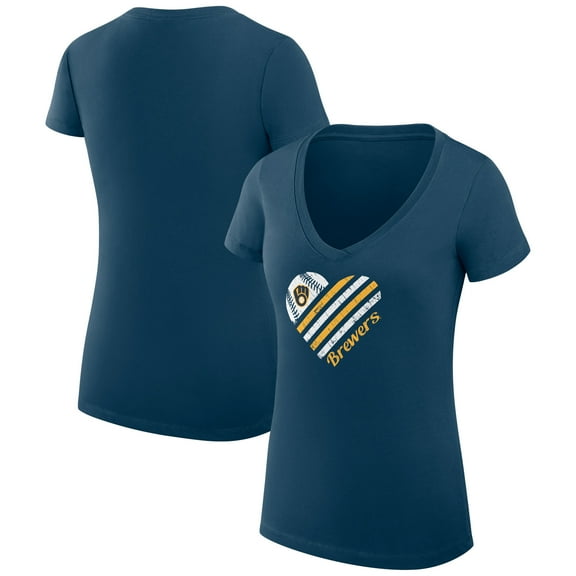 Women's G-III 4Her by Carl Banks  Navy Milwaukee Brewers Super-Slim Fit Lightweight Heart V-Neck T-Shirt