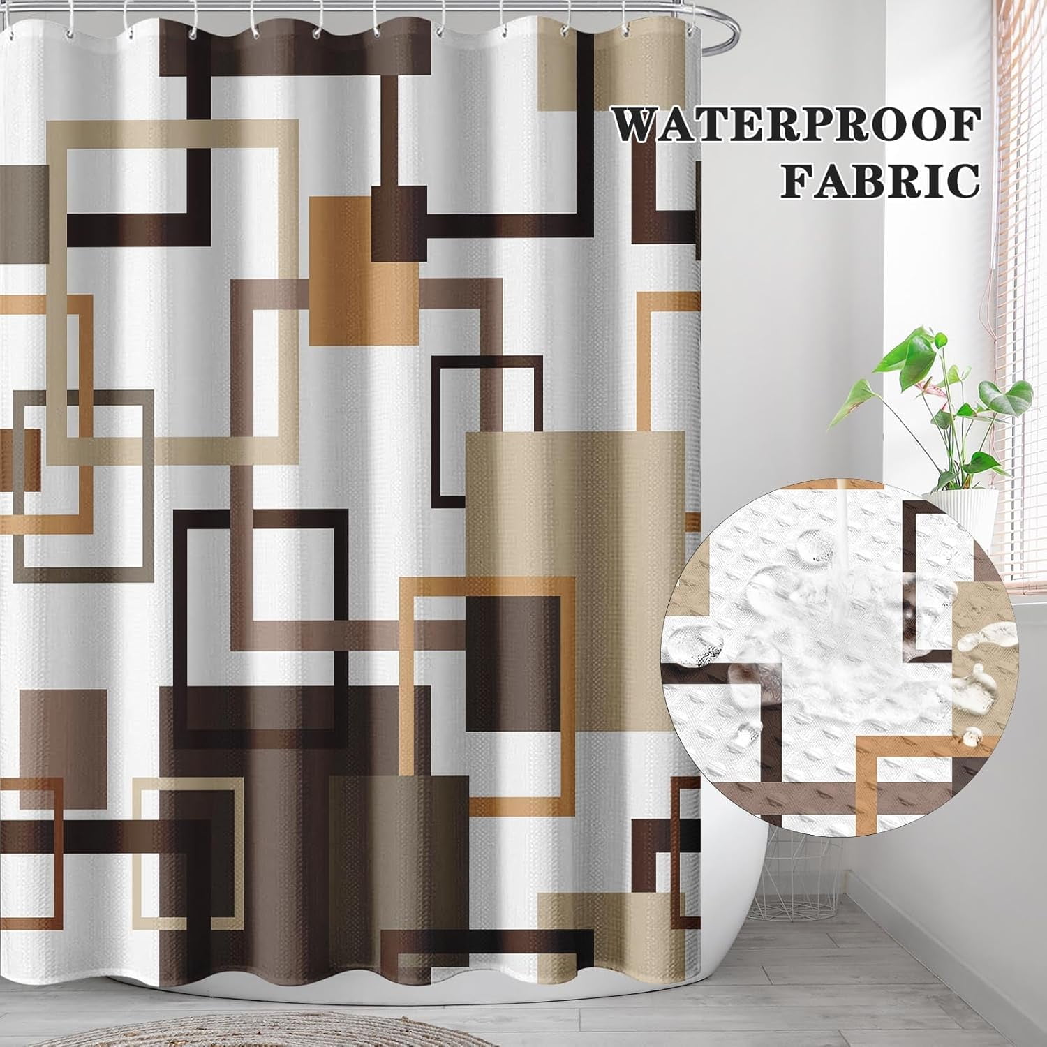Vintage Brown Shower Curtain Set with Window Curtain, Royal Abstract Line Modern Bathroom Window Curtain with Waterproof Shower Curtain Set for Bathroom Decor