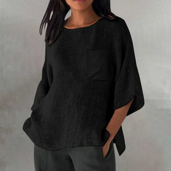 Black Women's Long Sleeve T-shirt, Linen Shirts For Women Plus Size 3/4 Length Sleeve Tops Casual Loose Fit Round Neck Tees 2025 Summer Fashion Blouse,Women's Long sleeve T-shirt XXL
