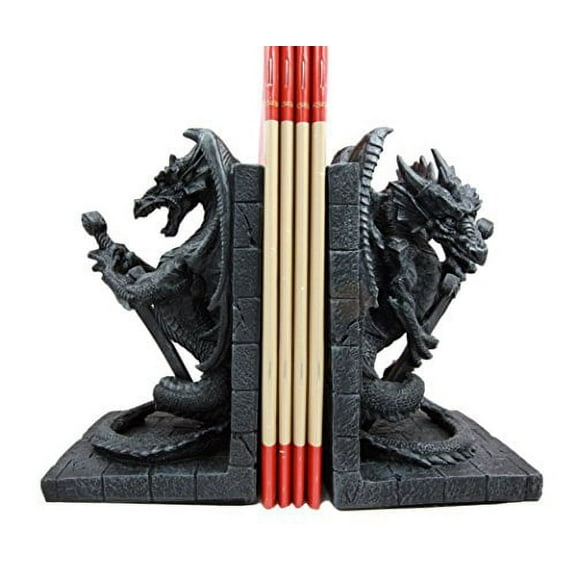 Gothic Excalibur Sword Guardian Dragon Bookend Set of Two Figurine Faux Stone