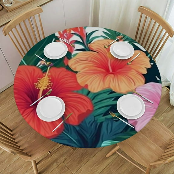 Round Fitted Tablecloth with Elastic Tropical Palm Leaves Outdoor Tablecloth Round Table Cover Waterproof