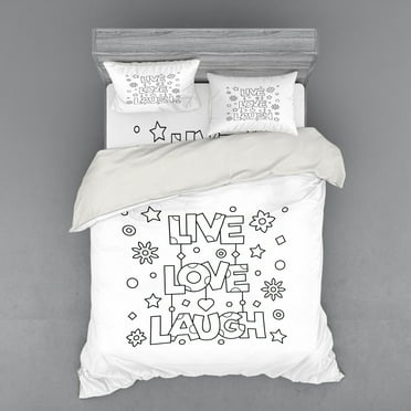 Ambesonne Live Laugh Love Bedding Set 4 Pcs, Doodle Words, Queen, Black White