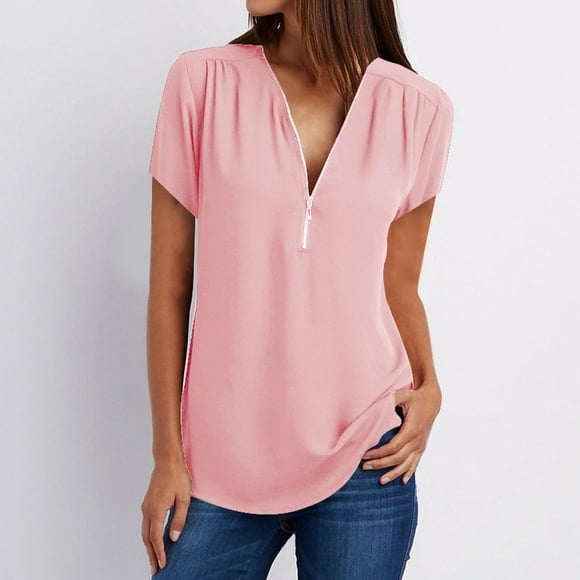 MKLEKYY Playeras Mujer Algodon Camiseta Informal Para Mujer, Blusa Holgada Con Cuello En V Y Cremallera Talla XL