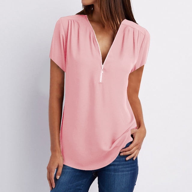 MKLEKYY Playeras Oversize Camiseta Informal Para Mujer, Blusa Holgada Con Cuello En V Y Cremallera Talla XXXL