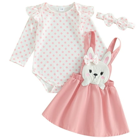 

Newborn Infant Baby Girls 3Pcs Easter Outfits Set Polka Dot Romper Bunny Suspender Skirt Headband Suit 6-9 Months