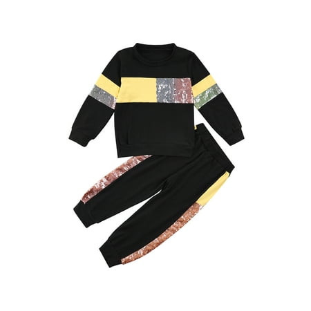 

Kuriozud Kids Sequin Long Sleeve Round Neck Pullover Color Block Pants