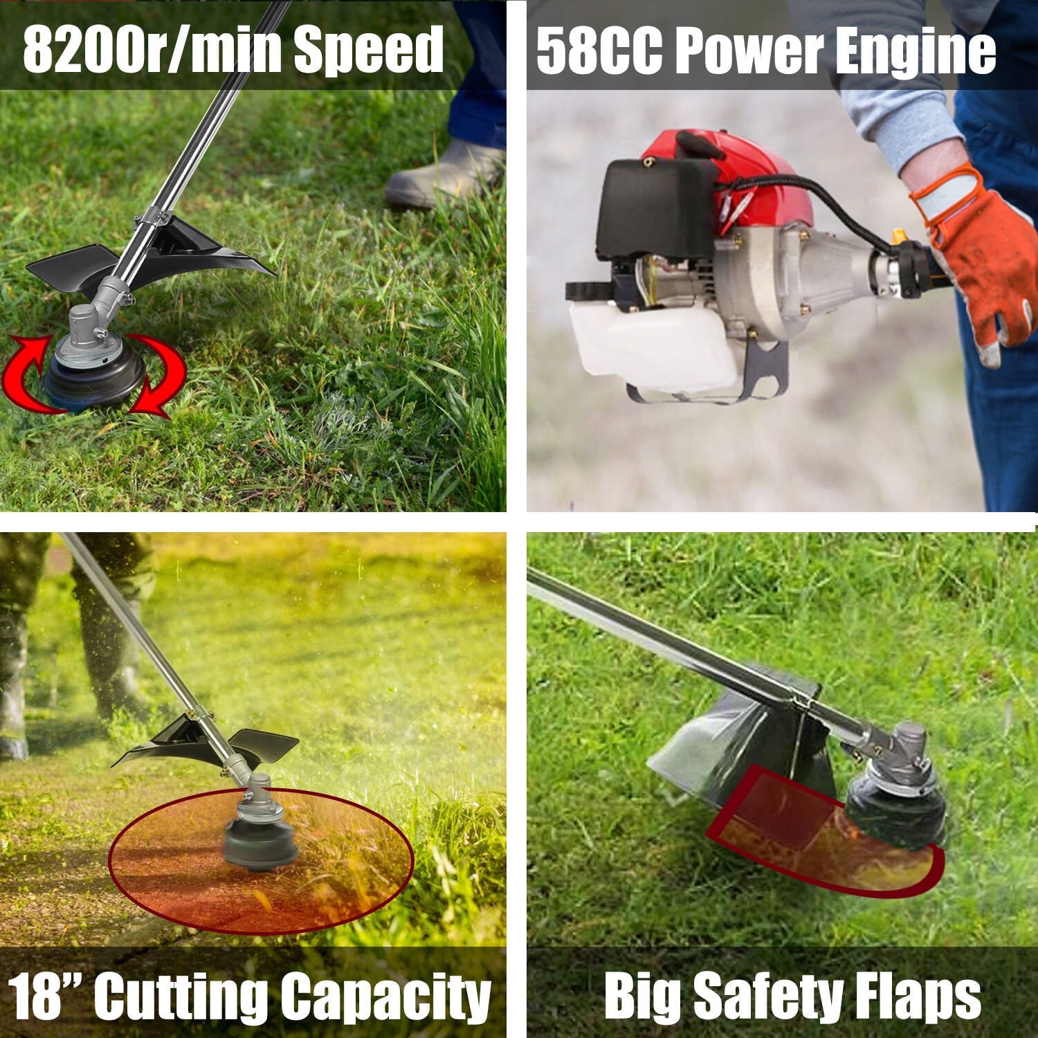 Adnoom 58CC 2-Cycle Gas Powered Weed Eater & String Trimmer, 4-in-1 Multi-Tool with Detachable Brush Cutter, Edger, 18" Blade for Lawn, Garden, Shrubs (Orange Red)