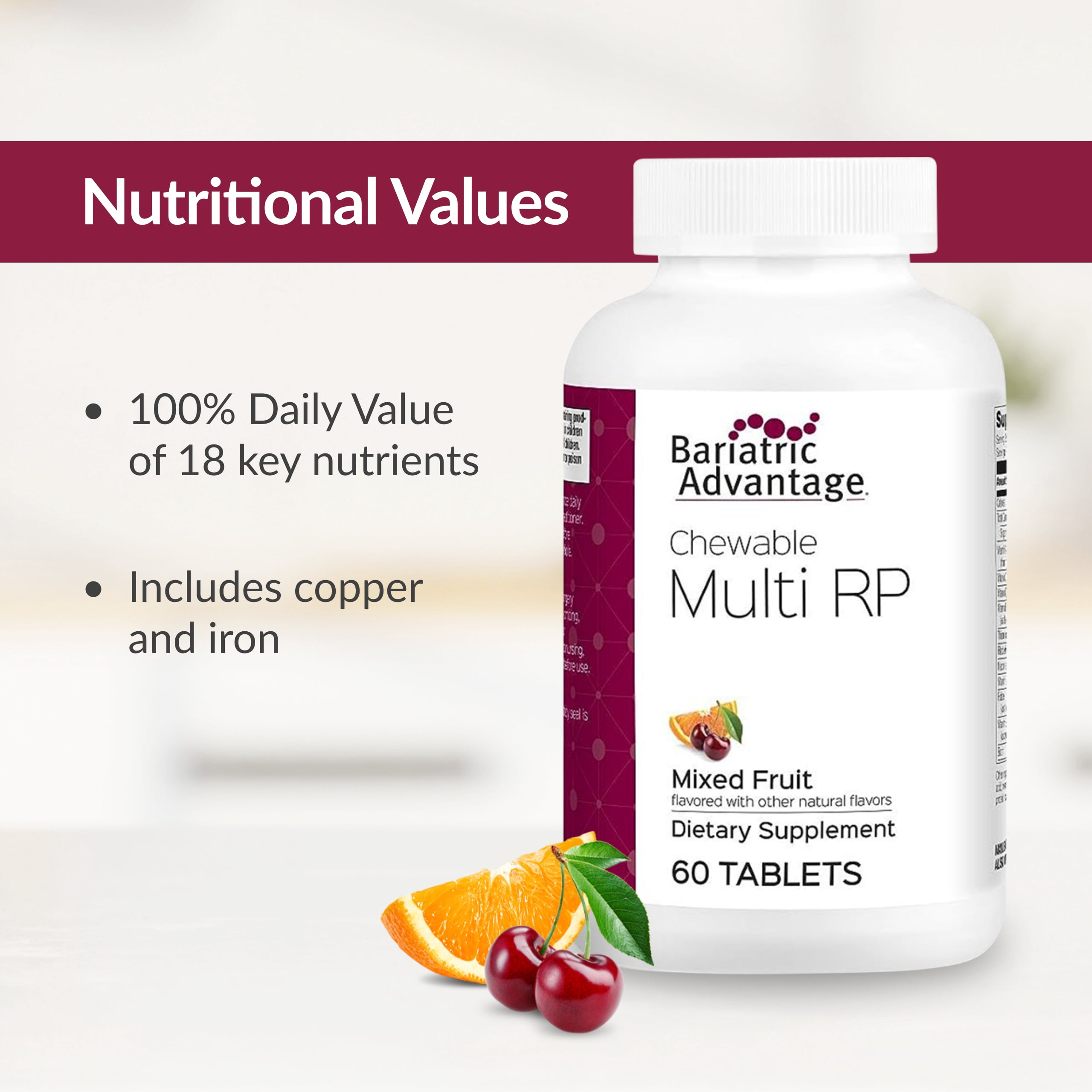 Bariatric Advantage Chewable RP Multivitamin - For Bariatric Surgery Patients - With Iron, Copper, Vitamin C, A, Zinc & More - 100% DV of 18 Nutrients - 60 Count - Mixed Fruit