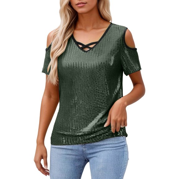 Daznico Women's Cold Shoulder Sequin Top, V-Neck Short Sleeve Casual Stylish Tee,XL