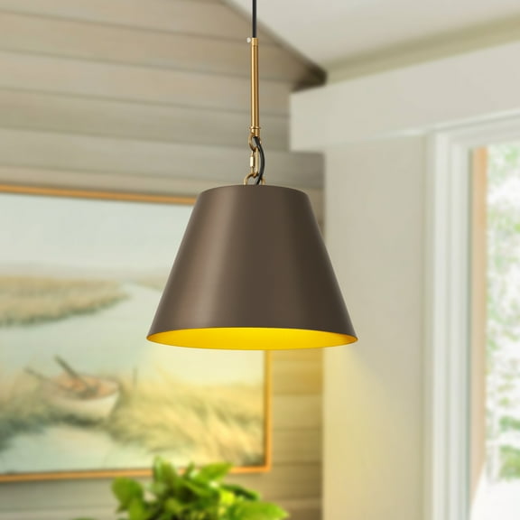 Industrial Pendant Light with Antique Bronze Rod & Gilded Canopy | 10.6"Linen Drum Shade Coffee Wrought Iron Chandelier - 55.1" Hanging Cord E26 Socket  for Dining Room Bedroom