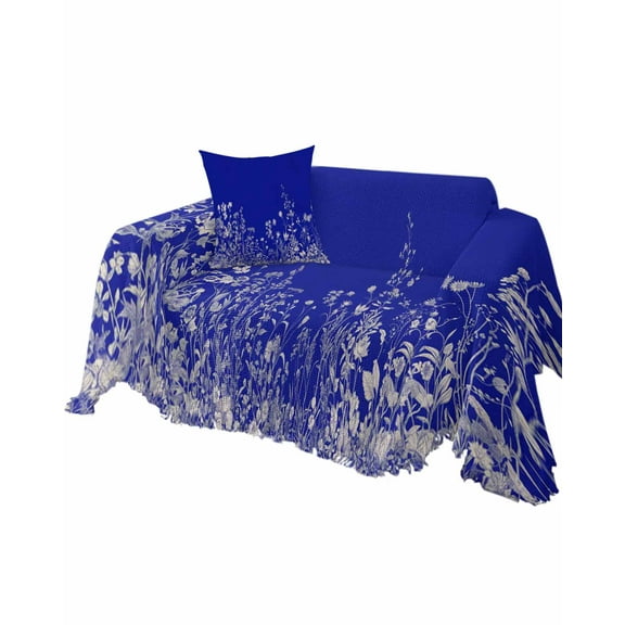 Blue Botanical Sofa Couch Covers for Dogs, Washable Sectional Couch Slipcovers for Loveseat with Tassels, Farmhouse Spring Summer Flower Non Slip Sofa Throw Cover Blanket L 71''x102''