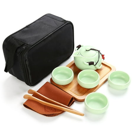 

Portable Travel Tea Set Porcelain Kung Fu Tea Ware with a Teapot & 4 Teacups & Tea Tray & Tea Cloth & Tea Tong & Travel Bag - Green