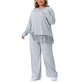 thumbnail image 4 of Agnes Orinda Women's Plus Size 2 Piece Outfits Sets Crew Neck Asymmetrical Fringe Hem Ribbed Knit Casual Long Sleeve Blouse and Wide Leg Pants 1X Gray, 4 of 6