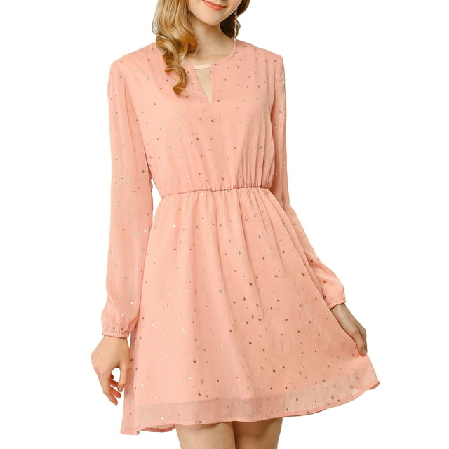 INSPIRE CHIC Robe pour Femme Dorure Étoile Col en V Manches Longues Robe de Soirée Évasée Ligne A m Rose