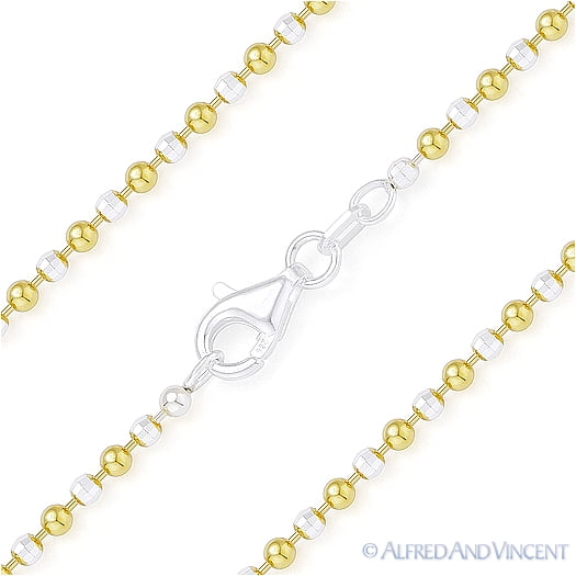 2.3mm 925 Sterling Silver 14k Yellow Gold Diamon Cut Bead Link Chain Necklace 