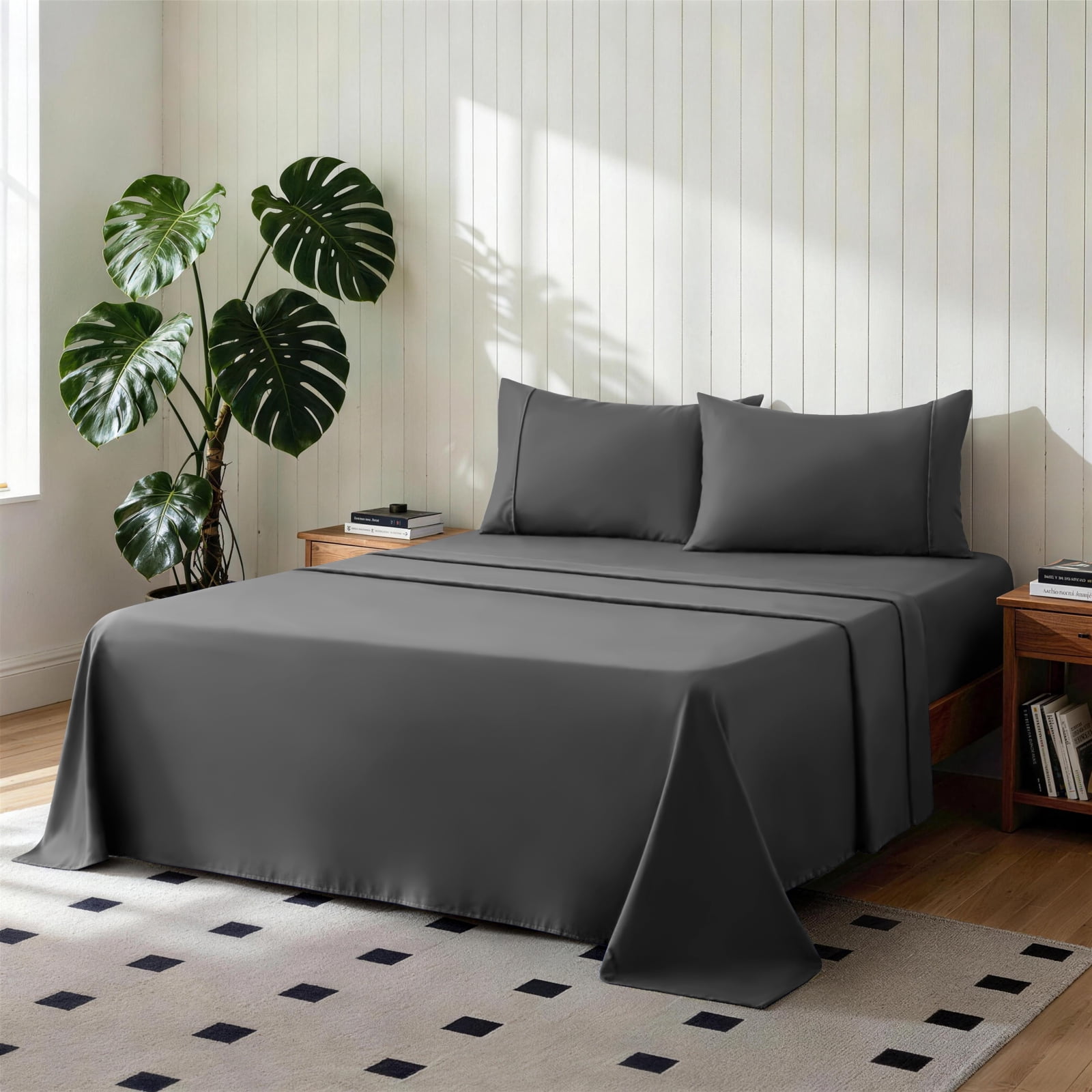 EMONIA Queen Bed Sheet Set 4-Piece with 14" Deep Pocket, Hotel Luxury Super Soft & Breathable Polyester Washed Cotton Fabric (Dark Gray)