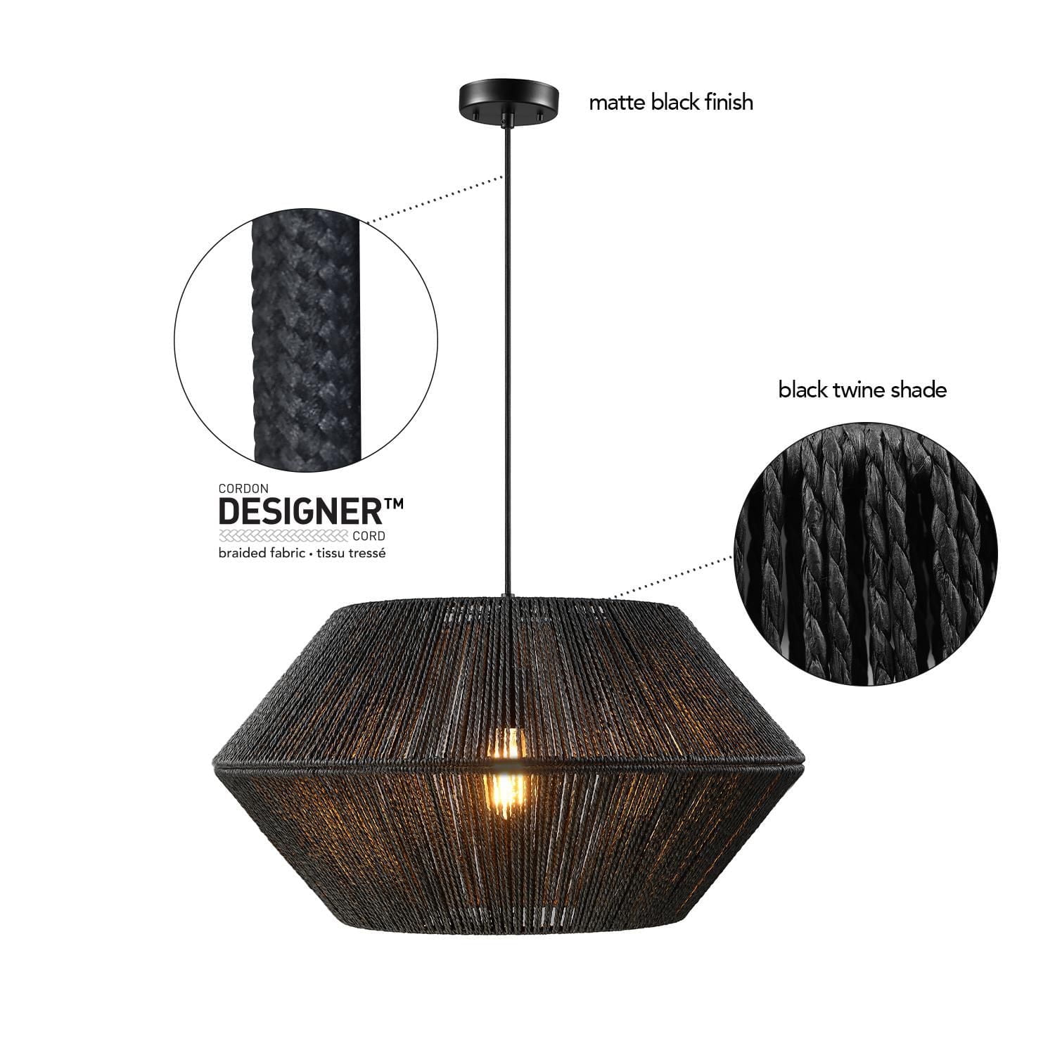 Globe Electric Terra 1-Light Chandelier, Matte Black Natural Twine, Mate Black Canopy and Socket, Designer Black Cloth Hanging Cord, 65470