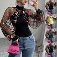 thumbnail image 4 of Yangnuo Womens Fashion Trendy Blouses Women's Embroidery Lace Patchwork Long Sleeved Round Neck Top, 4 of 4
