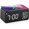 thumbnail image 1 of Reloj despertador digital de madera con carga inalámbrica, pantalla LED, control de sonido y repetición dual (negro), 1 of 5