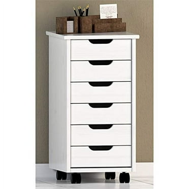 Six Drawer Wood Rolling Storage Cart in White Wash