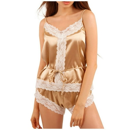 

Womens Satin Lingerie Pajamas Set 2 Piece Sexy Lace Trim Cami Tops and Shorts Sets Nightwear Tie Waist Silk Sleepwear