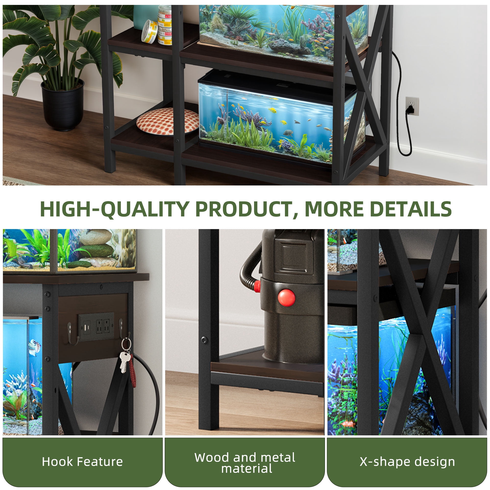 Uforic 10-29-37 Gallon 3-Tier Heavy Duty Metal Fish Tank Stand with Power Outlets &  Adjustable Storage Shelf,450LBS Capacity, Black