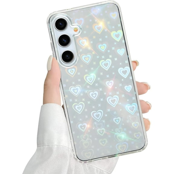 Compatible with Samsung Galaxy S24 Plus Case Clear Cute Holographic Heart Case for Women Girls, Aesthetic Glitter Sparkly Bling Rainbow Love Heart Designed Phone Case for Galaxy S24 Plus 5G 6.6"