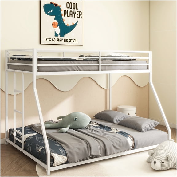 JERFIT White Twin over Full Metal Bunk Bed with Ladder, Low Profile Design for Space Saving, Sturdy Frame with Guardrails, No Box Spring Needed