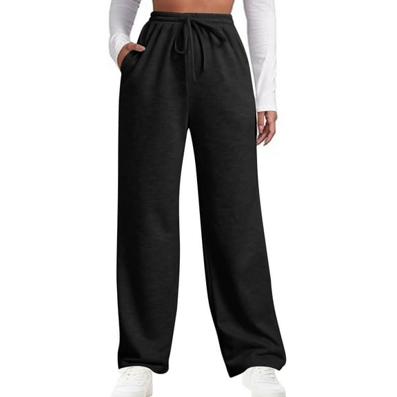 VgaVtl Wide Leg Pants for Women High Rise Palazzo Pants for Women Loose Plain Sports Drawstring Pocket Pants,Black L
