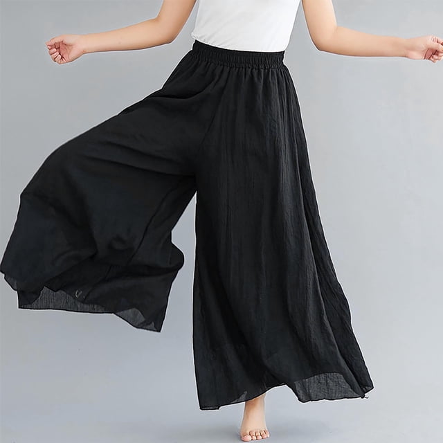 Culottes en Lin à Taille Élastique Double Couche Mode Été pour Femmes (Noir, 95)