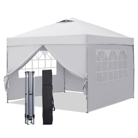 Outdoor Basic 10'x10' Easy Set Up Camping Canopy, Pop Up Canopy Tent with 4 Piece Sidewalls, Easy Up Canopy for Events, Parties, Gatherings, Camping, White.