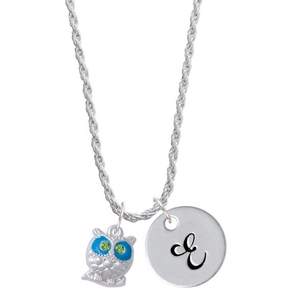 Delight Jewelry Silvertone Owl with Hot Blue & Lime Green Crystal Eyes Silvertone Script Initial Disc - E - Charm Necklace, 20"+3"