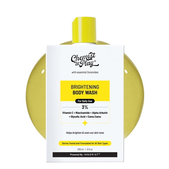 Jabón corporal iluminador Chemist at Play | Gel de baño con vitamina C para piel brillante | Ayuda a reducir las manchas oscuras y unifica el tono de la piel | Alfa Arbutina | 30 veces vitamina C con