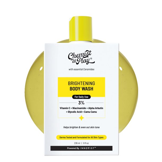Jabón corporal iluminador Chemist at Play | Gel de baño con vitamina C para piel brillante | Ayuda a reducir las manchas oscuras y unifica el tono de la piel | Alfa Arbutina | 30 veces vitamina C con