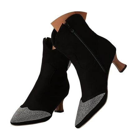 

Mepaouo Women Suede Ankle Boots Rhinestone Pointy Toe Dressy Boots Block Heel Western Booties