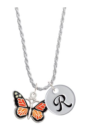 Silvertone Large Monarch Butterfly with 6 AB Crystals Silvertone Script Initial Disc - R - Charm Necklace, 20"+3"