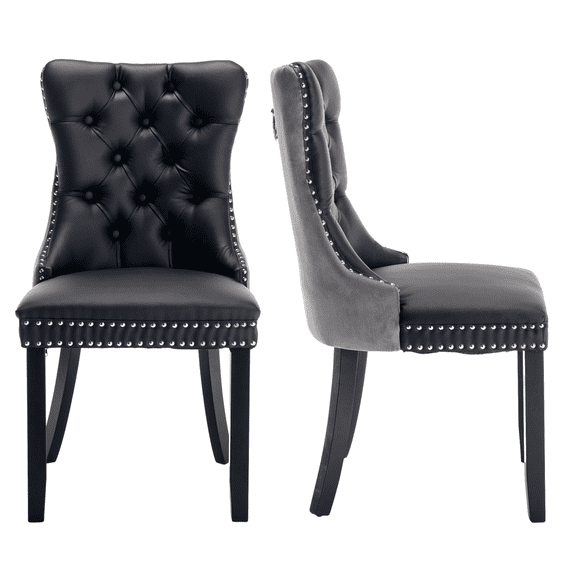 Rhomtree Faux Leather Tufted Dining Side Chairs, Black/Gray (Set of 2)